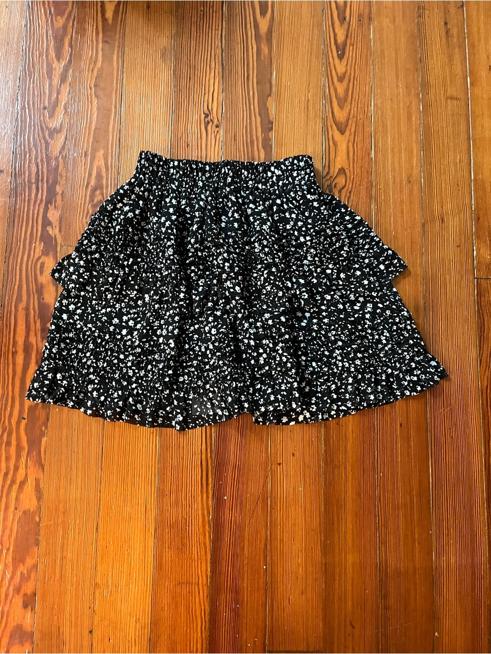 All Saints Black and White Floral Ruffled Mini Skirt